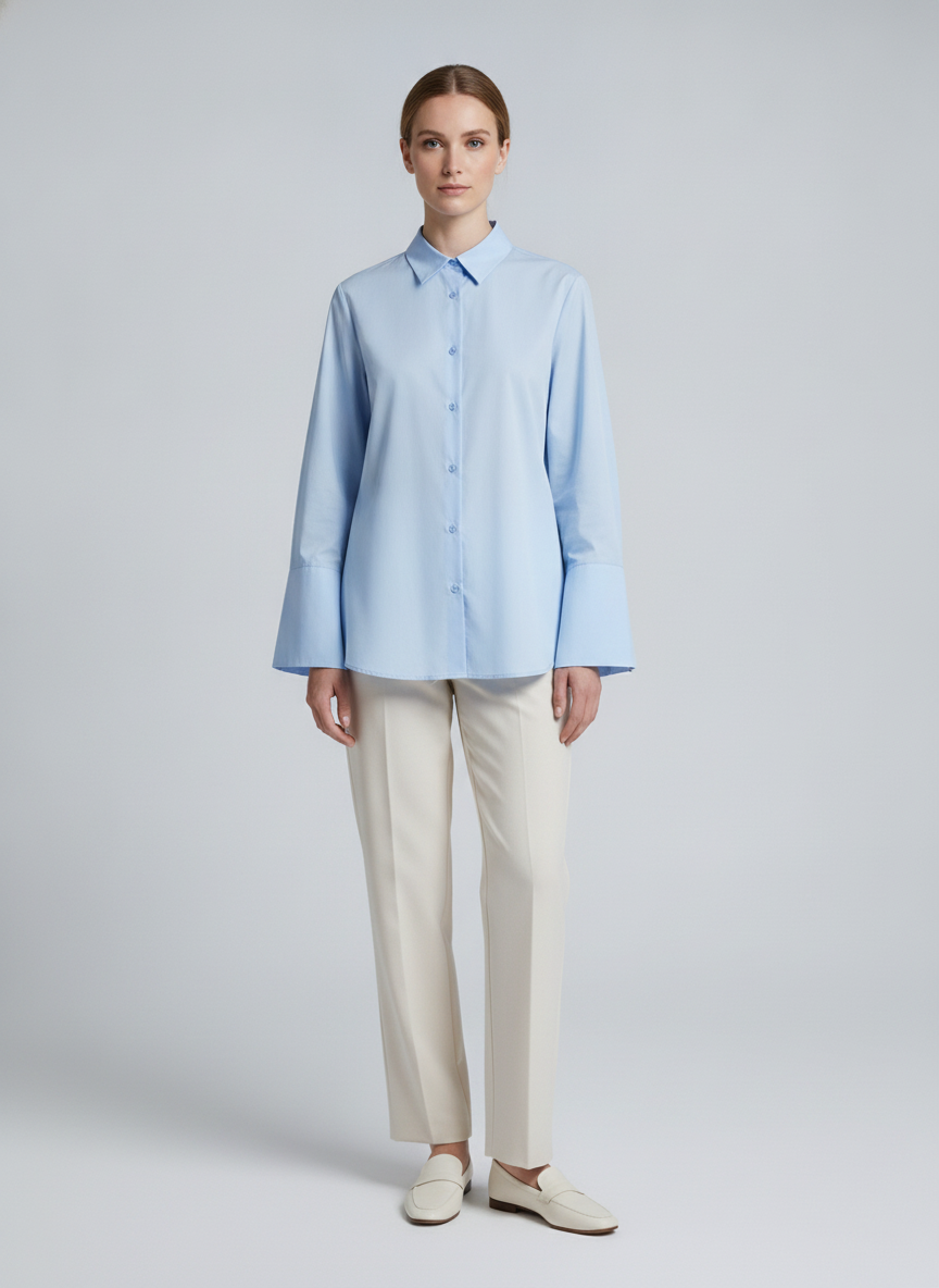 Petra | Poplin Wide-Cuff Shirt — Blue (front)