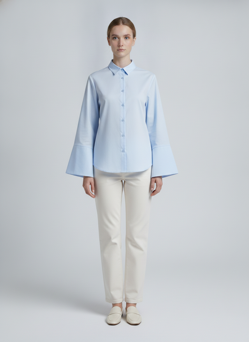 Petra | Poplin Wide-Cuff Shirt — Blue (front)