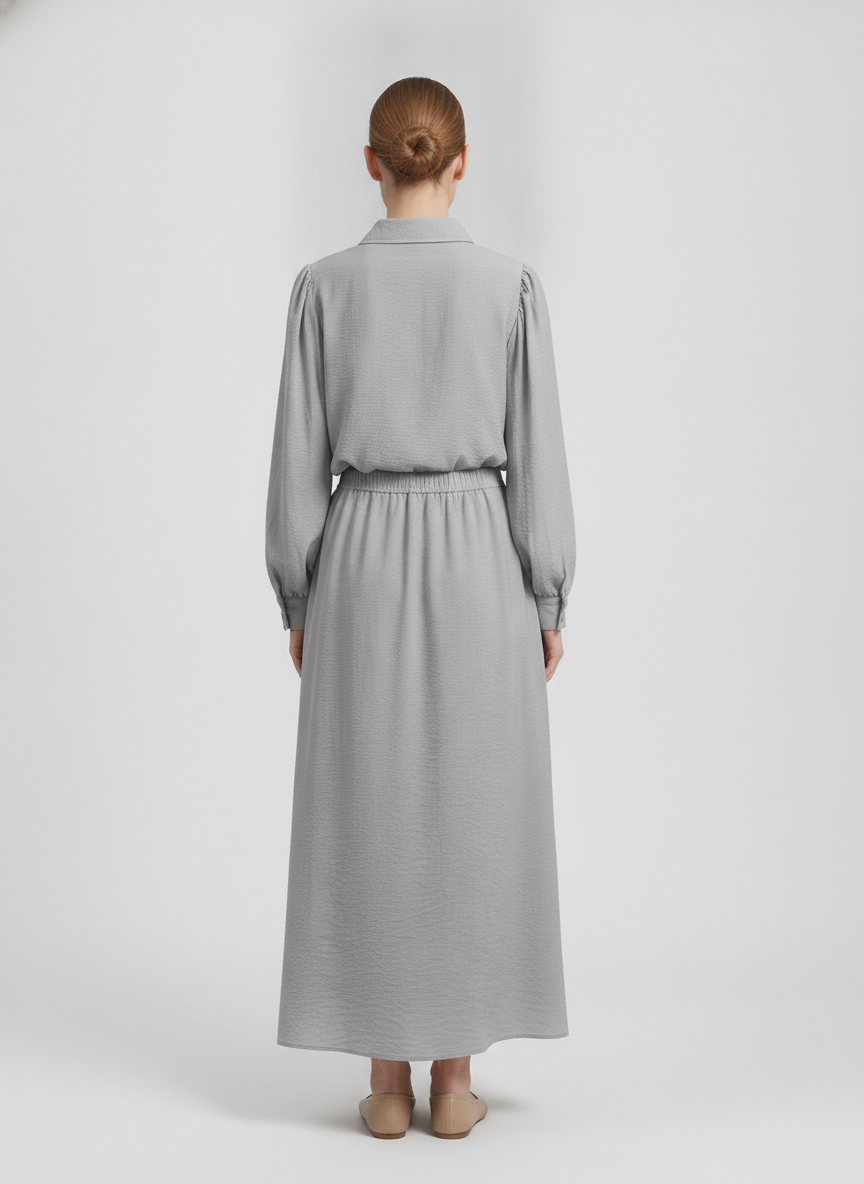 Verity | Puff-Sleeve Shirt Two-Piece Set [CLEARANCE -50%] — Grey (back)