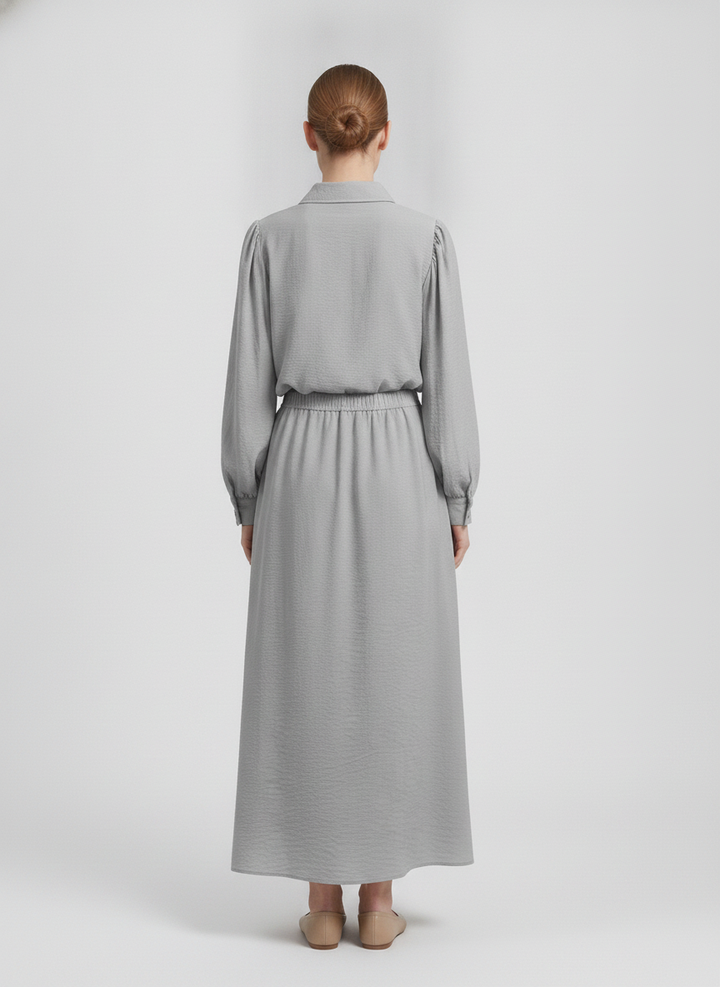 Verity | Puff-Sleeve Shirt Two-Piece Set [CLEARANCE -50%] — Grey (back)