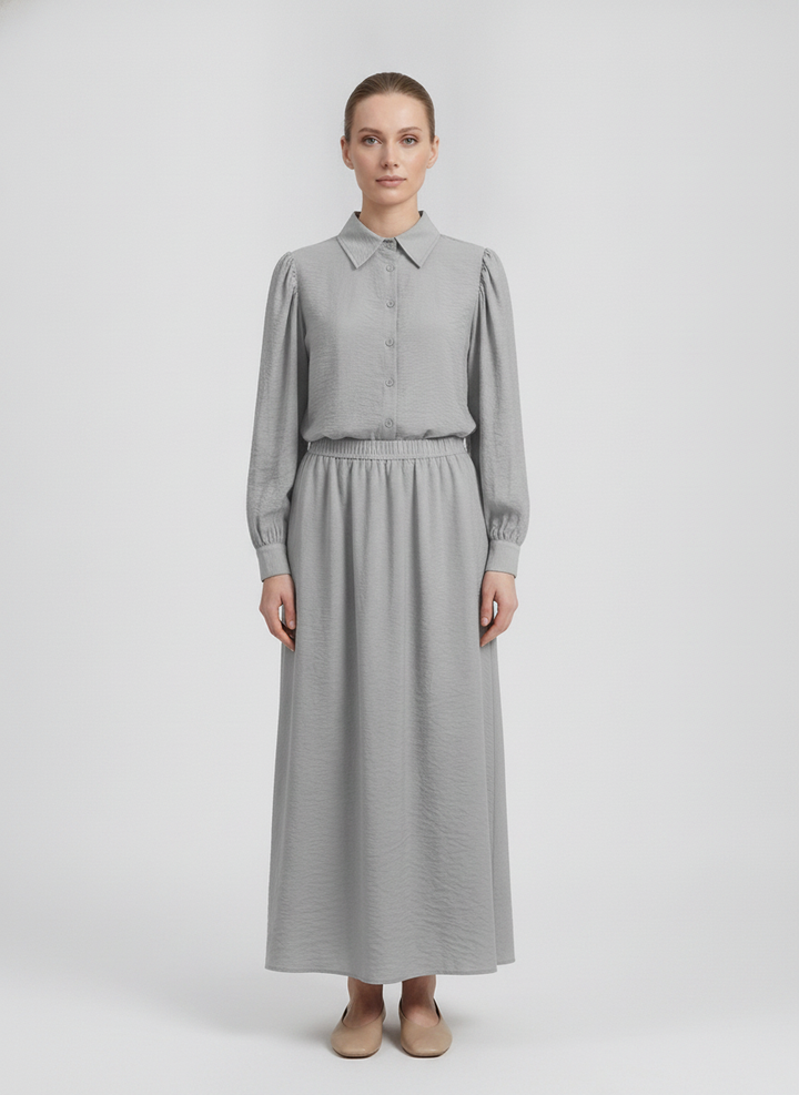Verity | Puff-Sleeve Shirt Two-Piece Set [CLEARANCE -50%] — Grey (front)