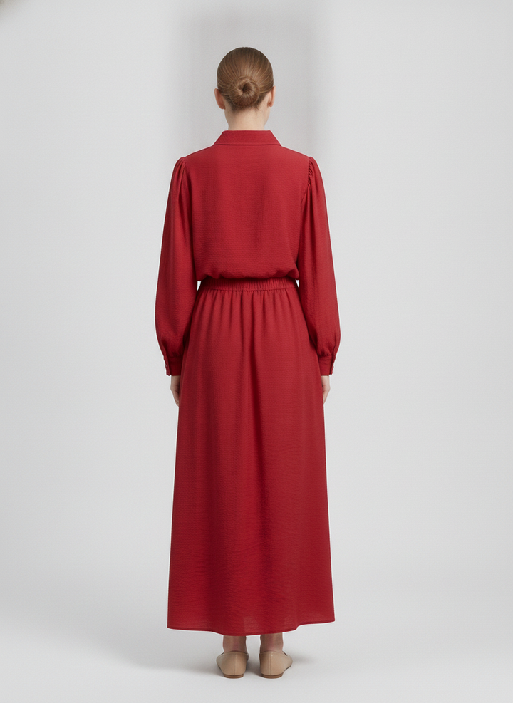 Verity | Puff-Sleeve Shirt Two-Piece Set [CLEARANCE -50%] — Red (back)