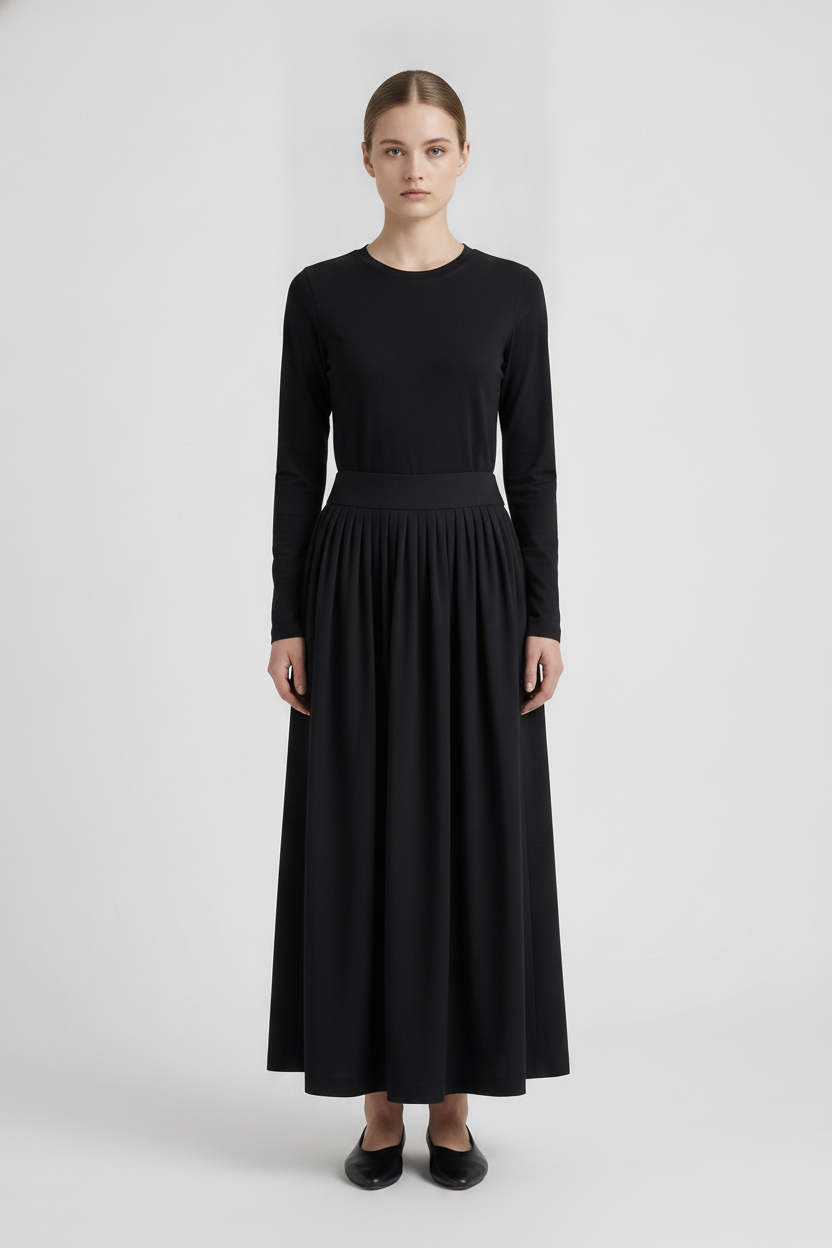 Moss | Gathered Pleated Maxi Skirt — Black (front)