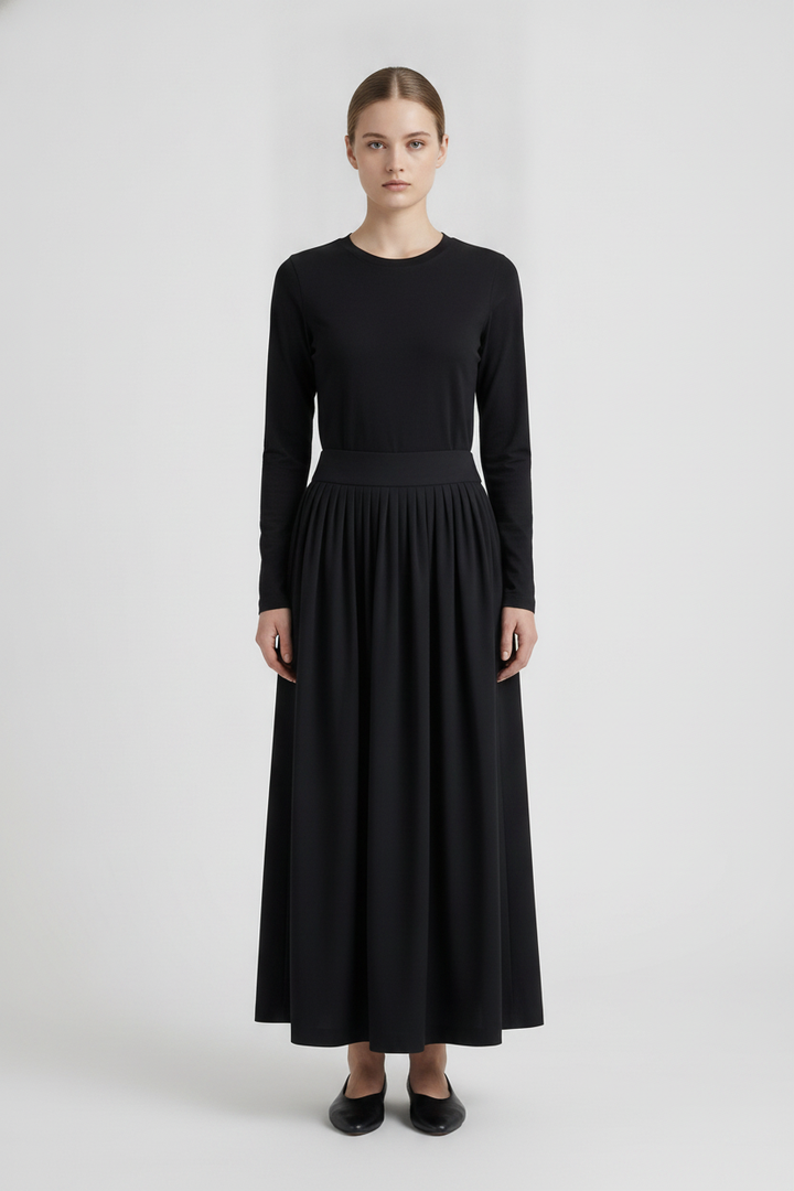 Moss | Gathered Pleated Maxi Skirt — Black (front)