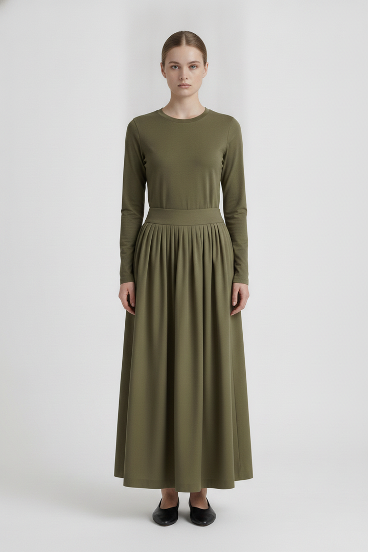 Moss | Gathered Pleated Maxi Skirt — Olive (front)