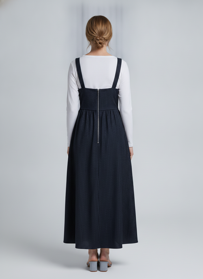 Lyra | Pinstripe Cowl Neck Maxi Dress — Navy (back)