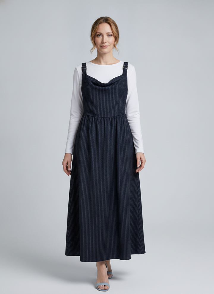 Lyra | Pinstripe Cowl Neck Maxi Dress — Navy (front)