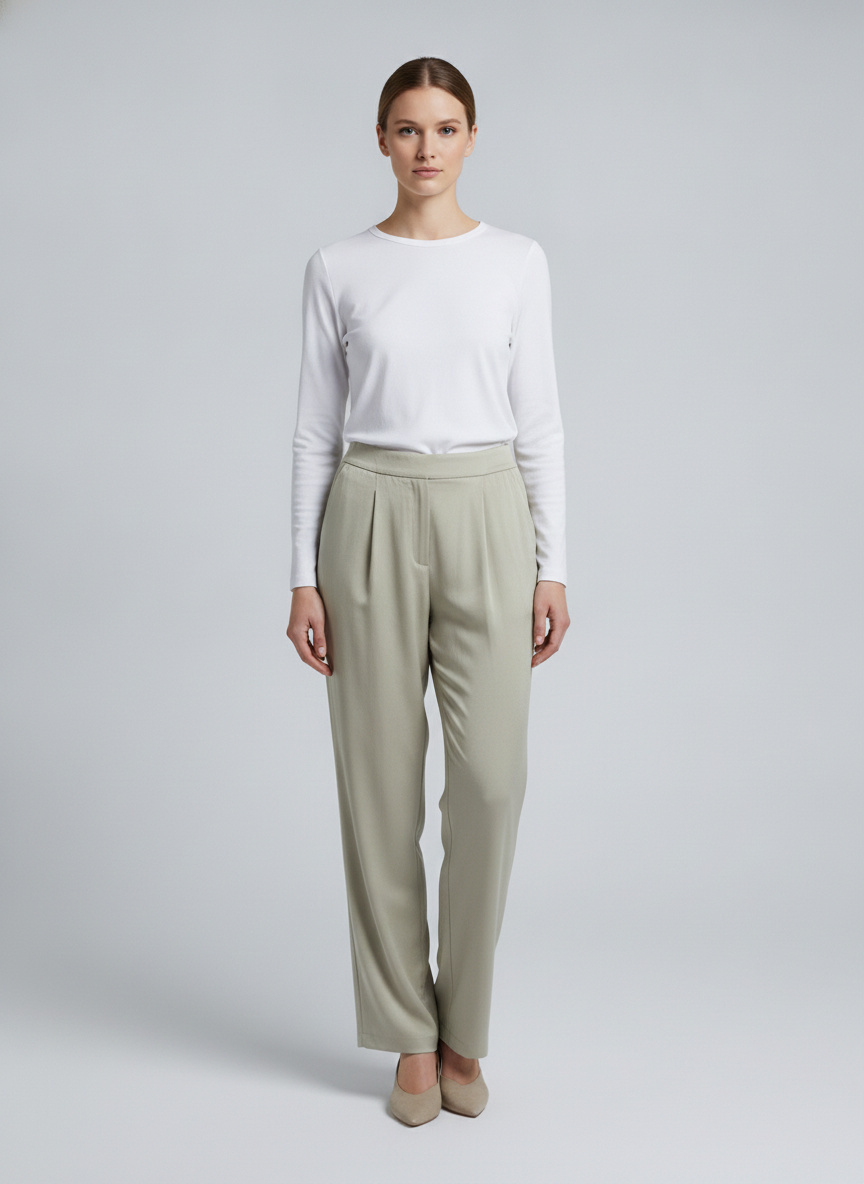 Eleni | Crepe Pleated Trousers — Mink (front)