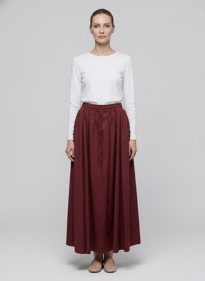 Ruby | Gathered Maxi Skirt — Burgundy (front)