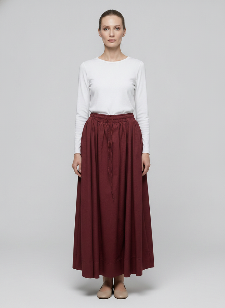 Ruby | Gathered Maxi Skirt — Burgundy (front)