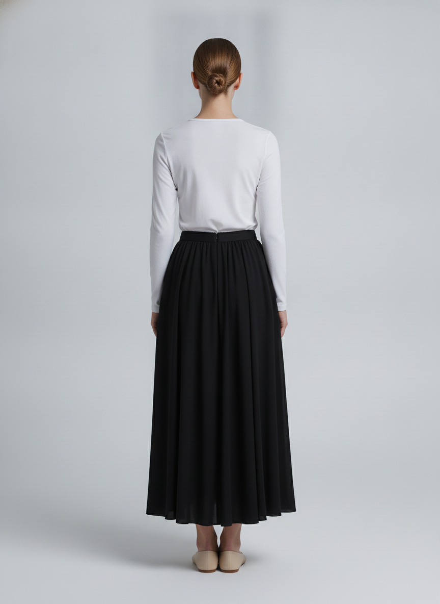 Elsa | Pleated A-Line Maxi Skirt — Black (back)
