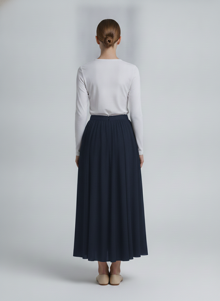 Elsa | Pleated A-Line Maxi Skirt — Navy (back)