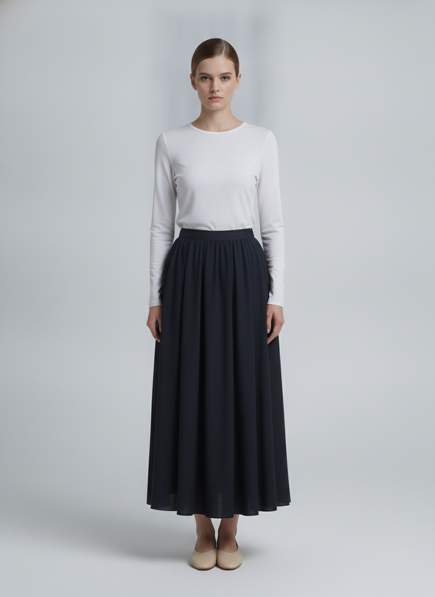Elsa | Pleated A-Line Maxi Skirt — Navy (front)