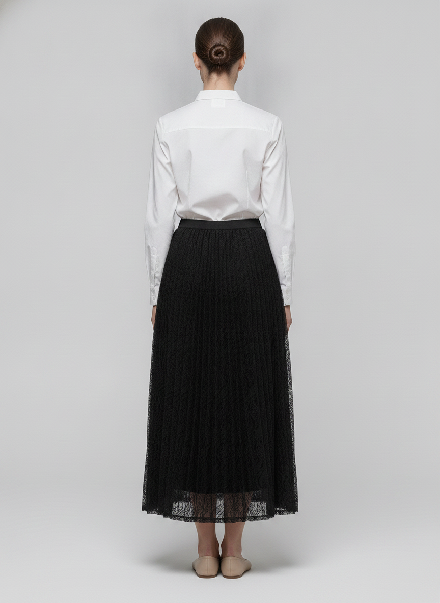 Mireille | Lace Pleated Maxi Skirt — Black (back)