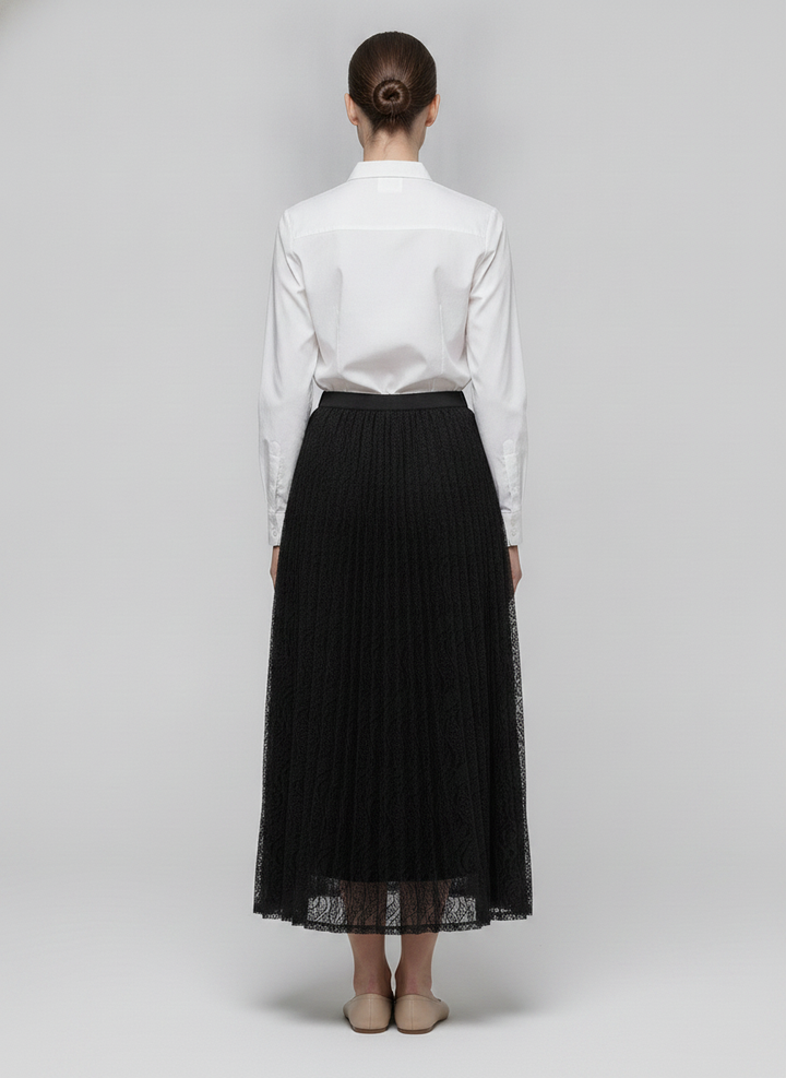 Mireille | Lace Pleated Maxi Skirt — Black (back)