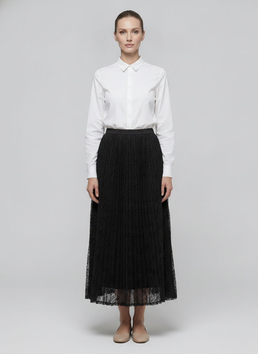 Mireille | Lace Pleated Maxi Skirt — Black (front)