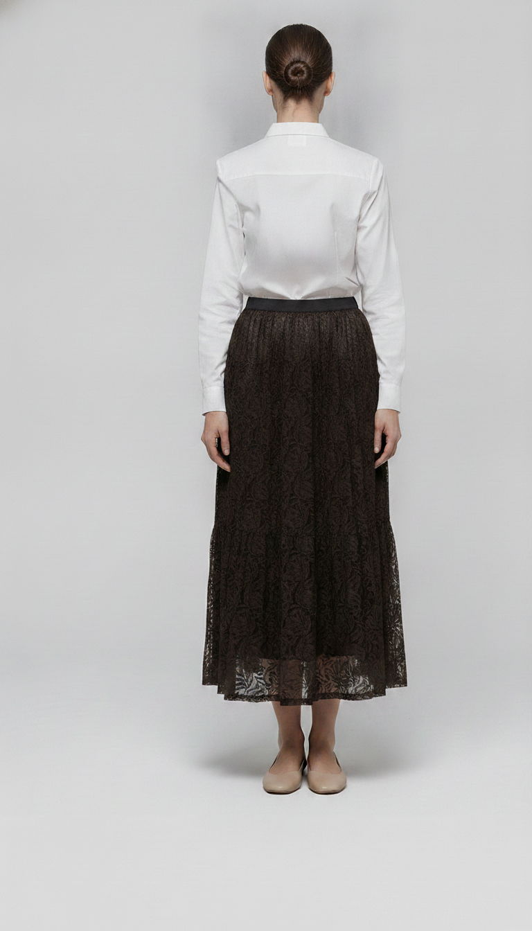 Mireille | Lace Pleated Maxi Skirt — Brown (back)