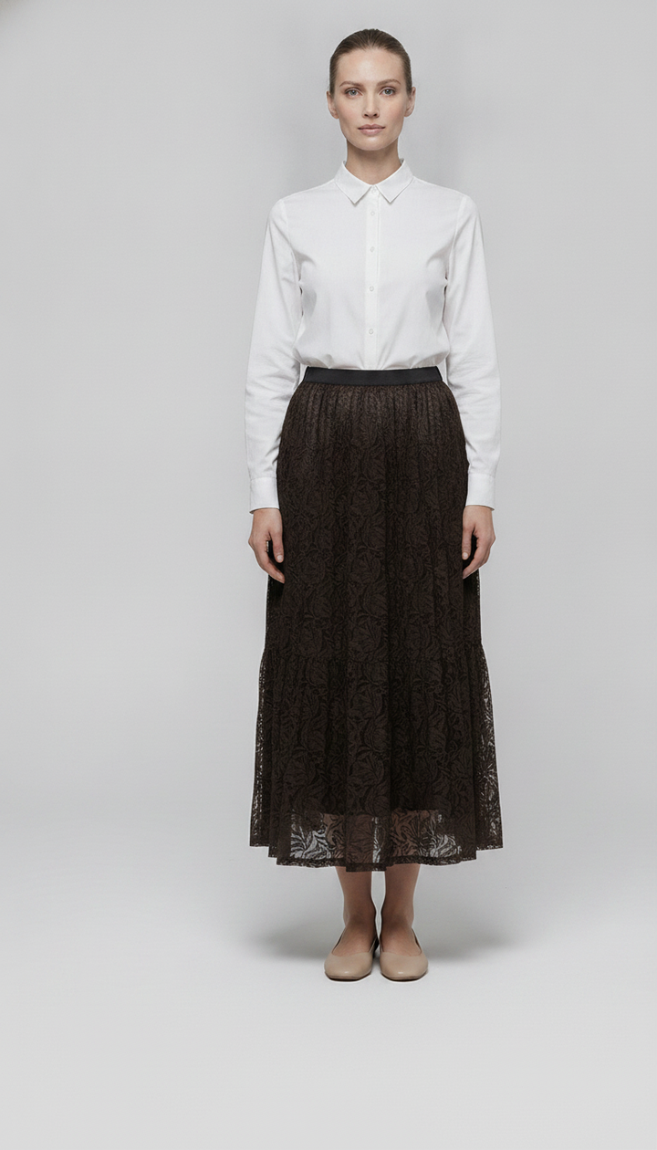 Mireille | Lace Pleated Maxi Skirt — Brown (front)