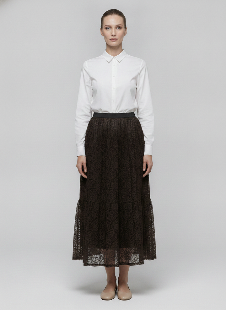 Mireille | Lace Pleated Maxi Skirt — Brown (front)