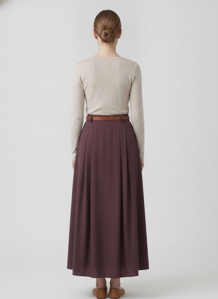 Viola | Belted Pleated Maxi Skirt — Burgundy (back)