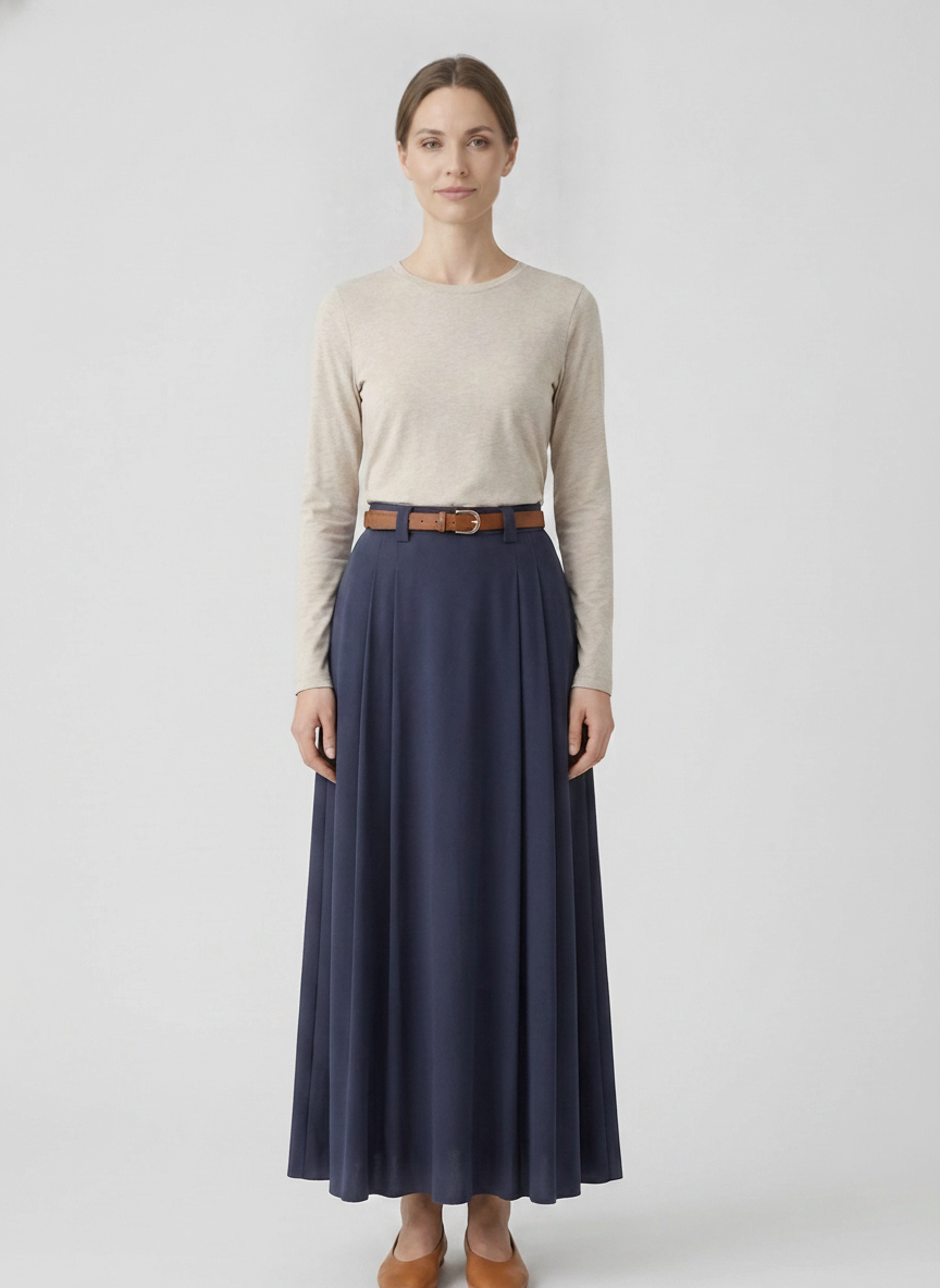 Viola | Belted Pleated Maxi Skirt — Burgundy (front)