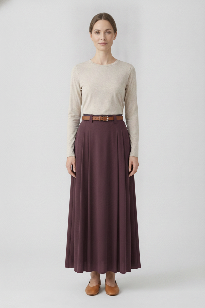 Viola | Belted Pleated Maxi Skirt — Burgundy (front)