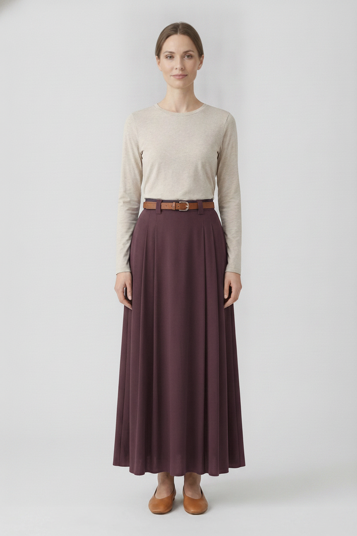 Viola | Belted Pleated Maxi Skirt — Burgundy (front)
