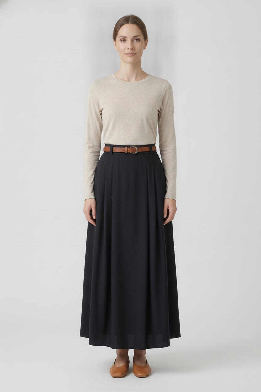 Viola | Belted Pleated Maxi Skirt — Burgundy (front)