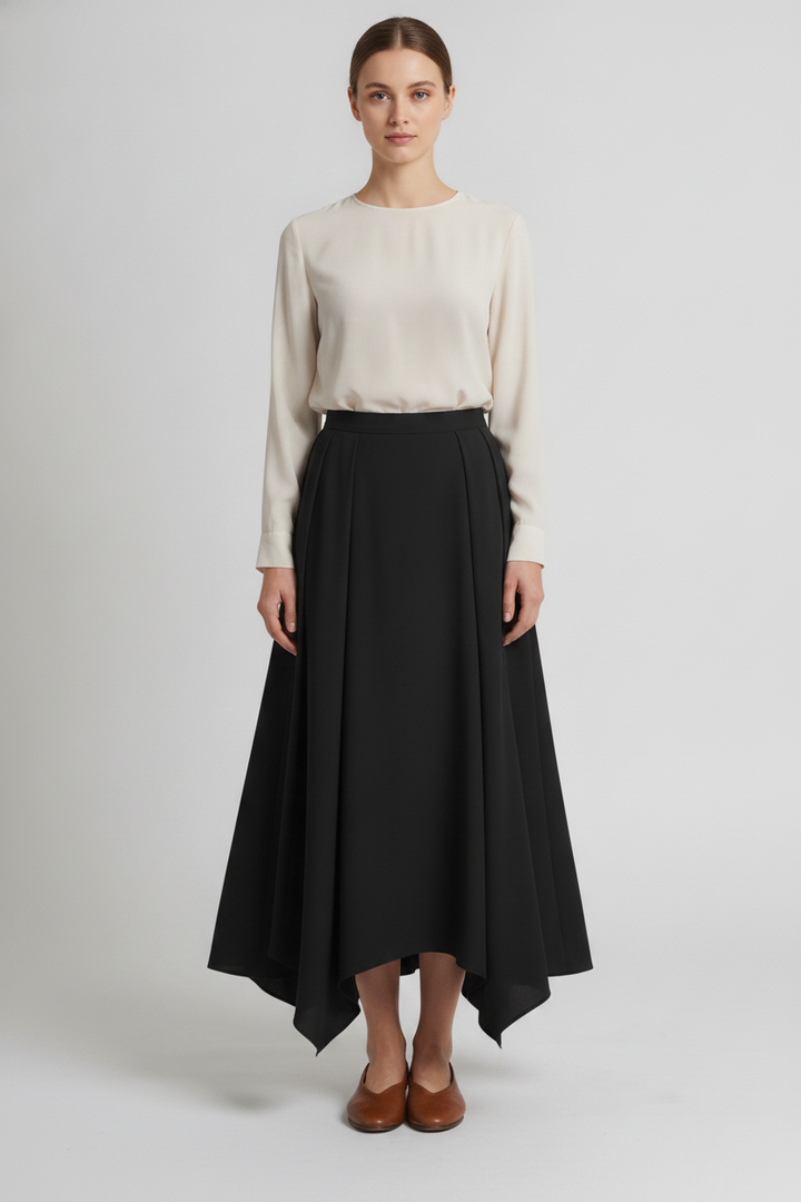 Taupe | Layered Handkerchief Maxi Skirt — Black (front)