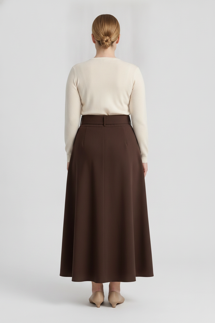 Audrey | Belted A-Line Midi Skirt — Brown (back)