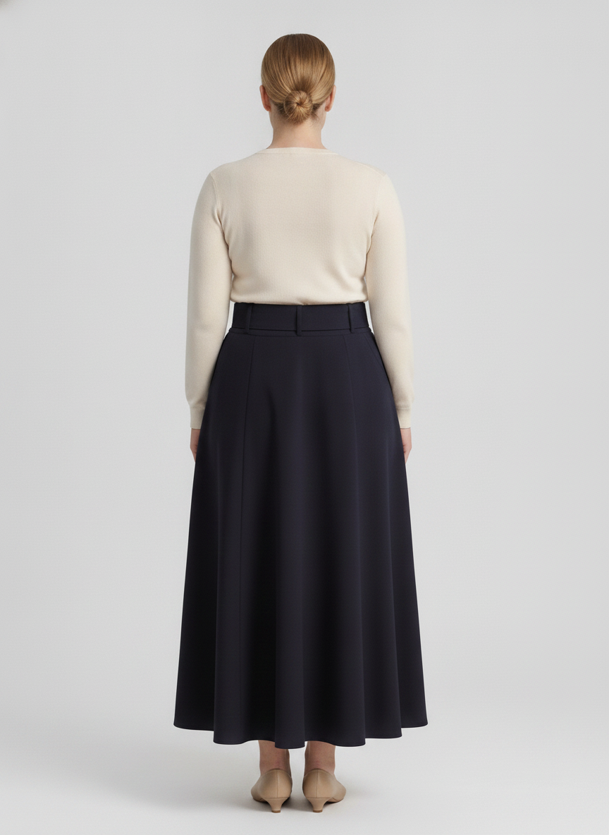 Audrey | Belted A-Line Midi Skirt — Navy (back)