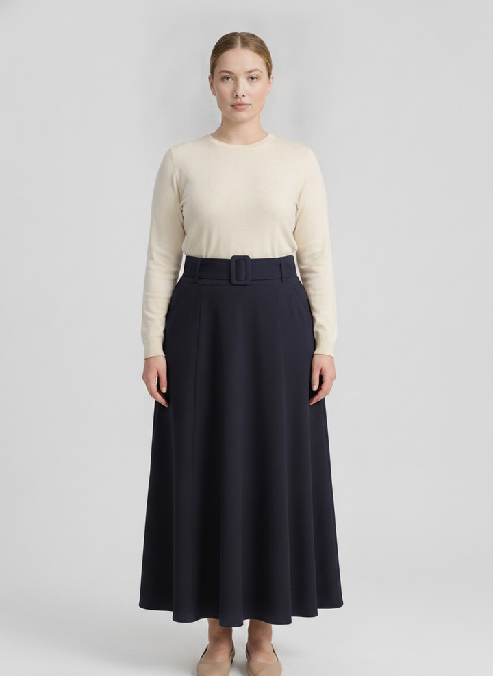 Audrey | Belted A-Line Midi Skirt — Navy (front)