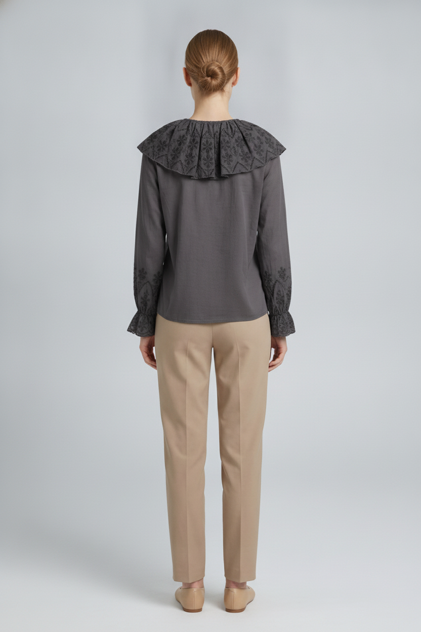 Persephone | Eyelet Bib Cape Collar Blouse — Black (back)