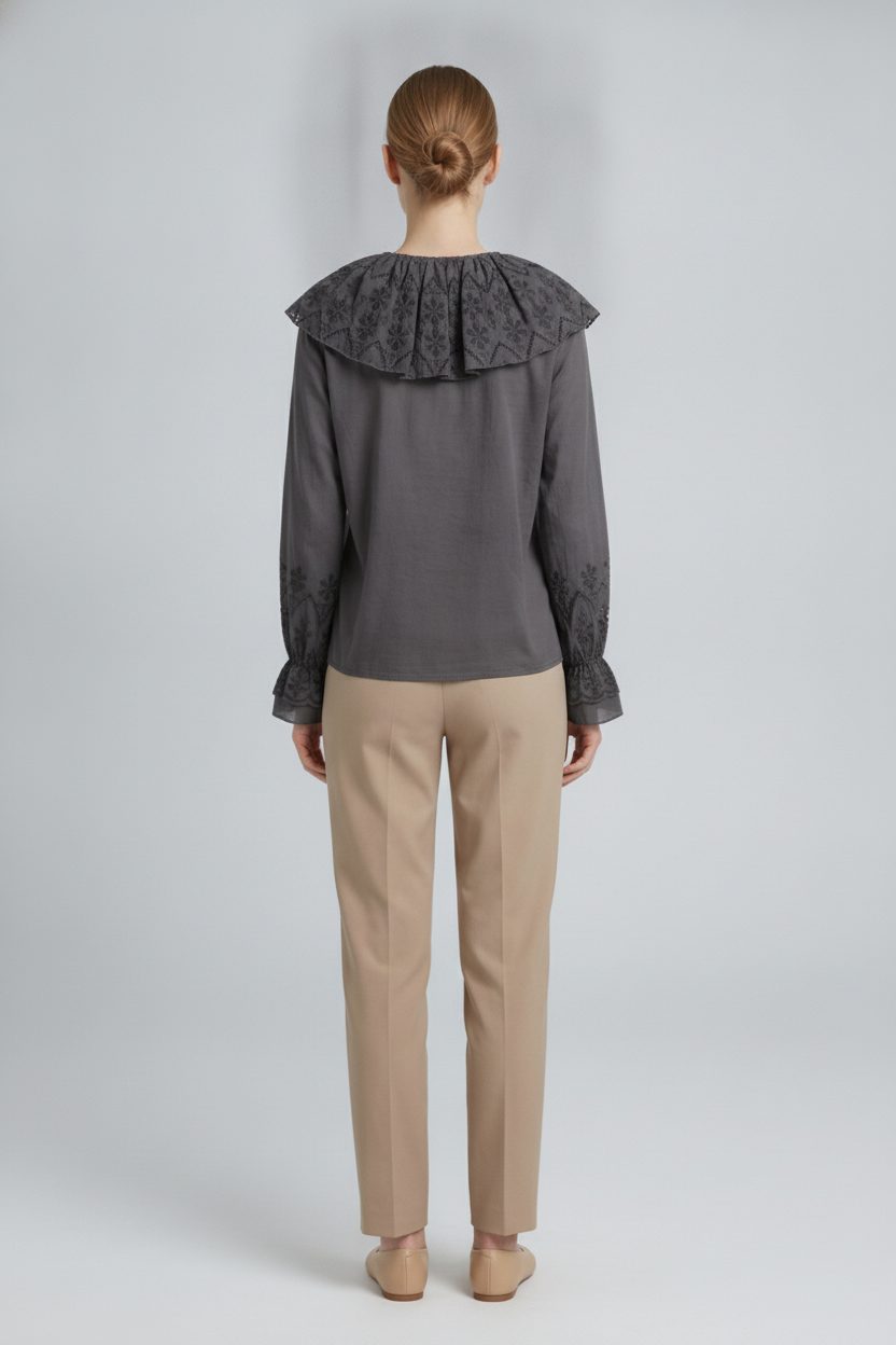 Persephone | Eyelet Bib Cape Collar Blouse — Black (back)