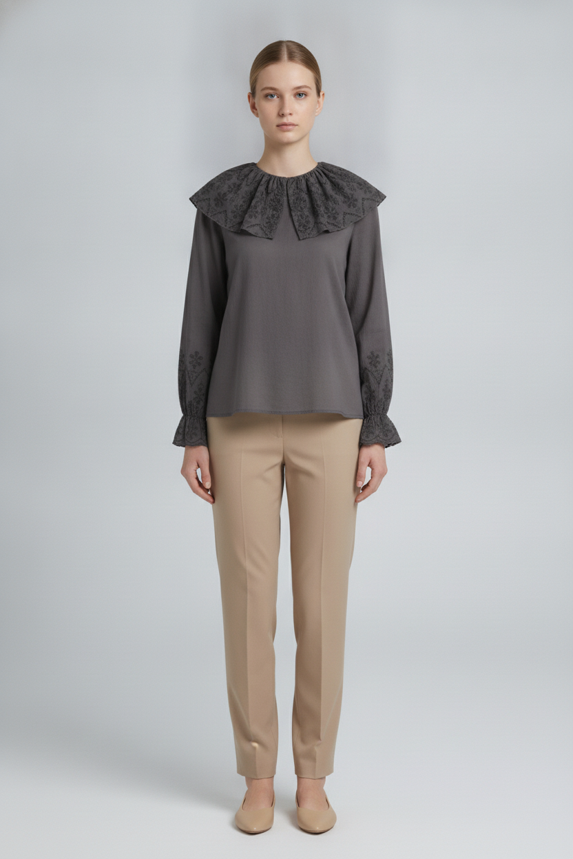 Persephone | Eyelet Bib Cape Collar Blouse — Black (front)