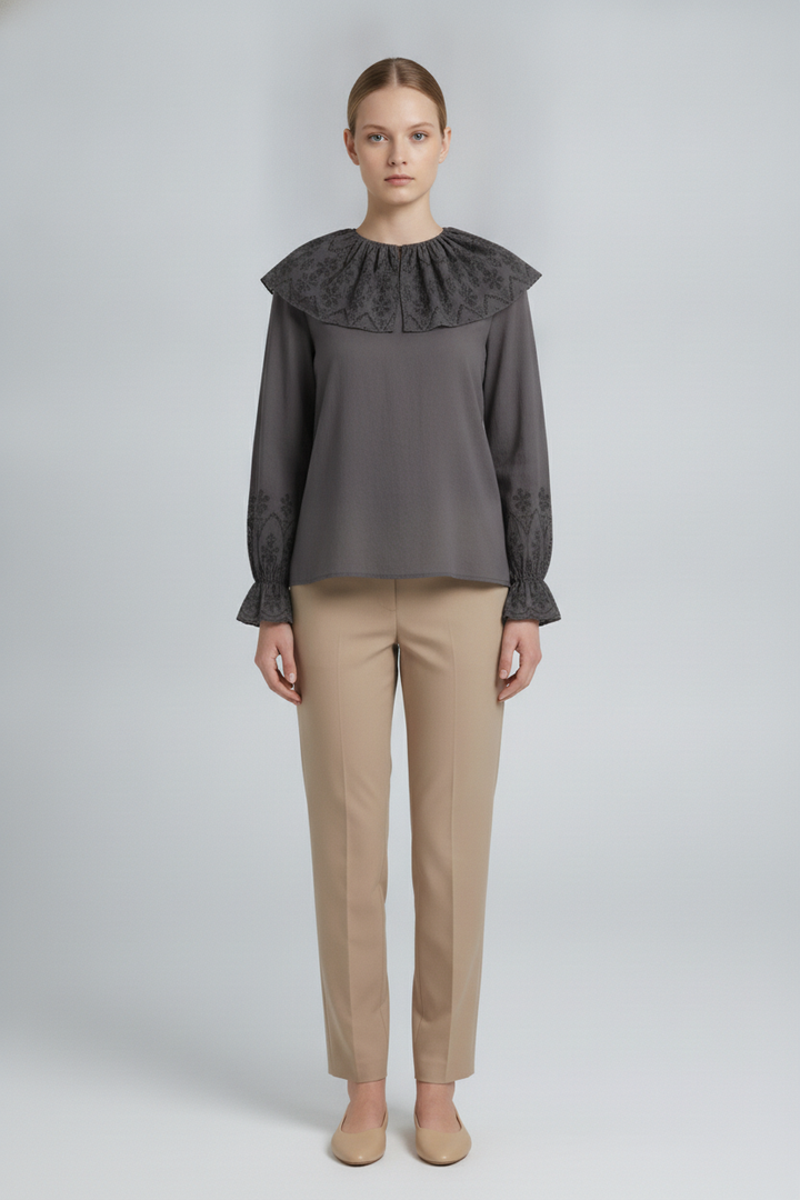 Persephone | Eyelet Bib Cape Collar Blouse — Black (front)