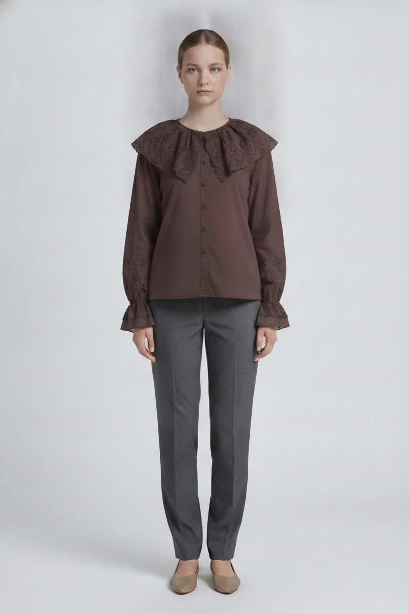 Persephone | Eyelet Bib Cape Collar Blouse — Brown (front)