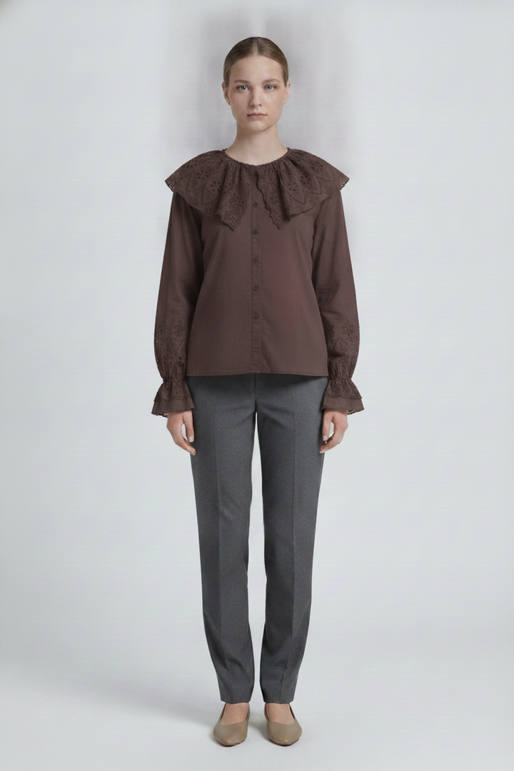 Persephone | Eyelet Bib Cape Collar Blouse — Brown (front)