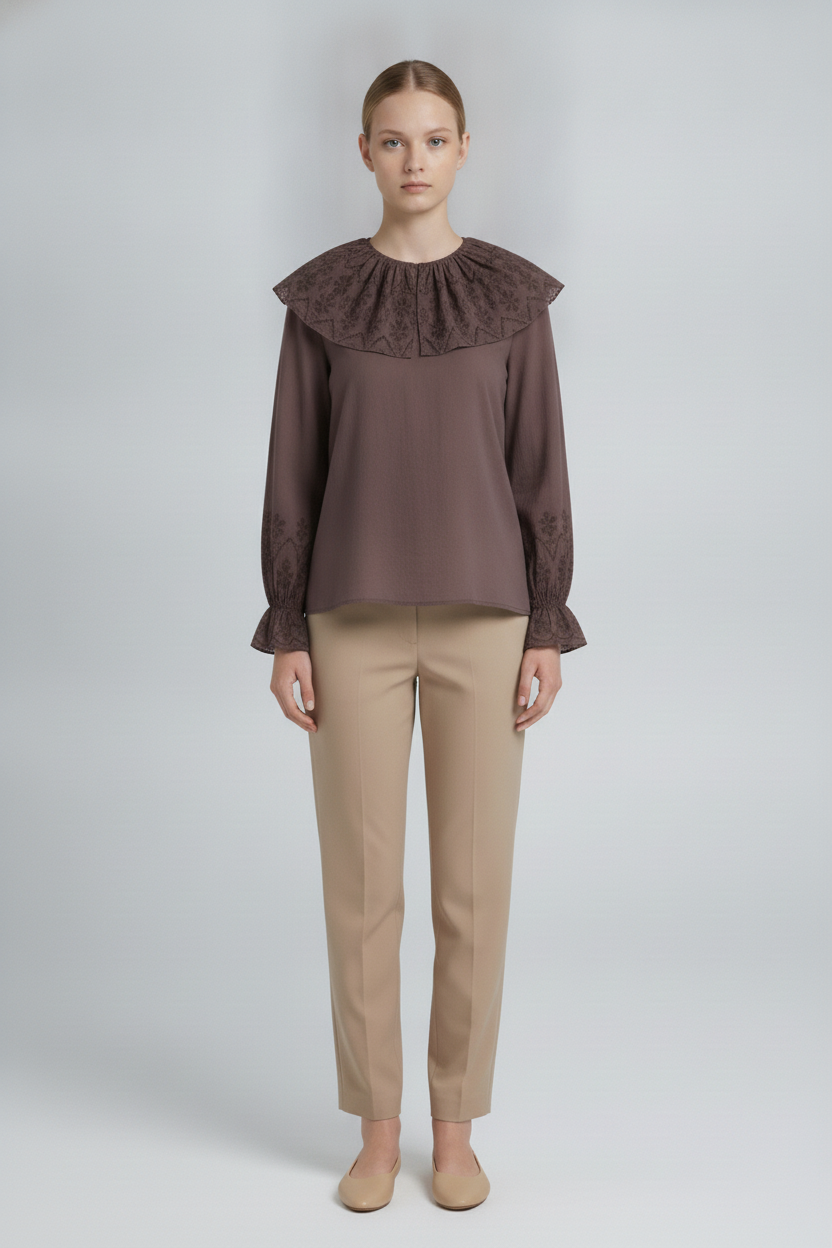 Persephone | Eyelet Bib Cape Collar Blouse — Brown (front)