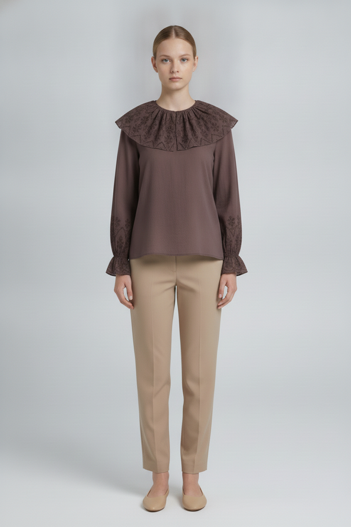 Persephone | Eyelet Bib Cape Collar Blouse — Brown (front)