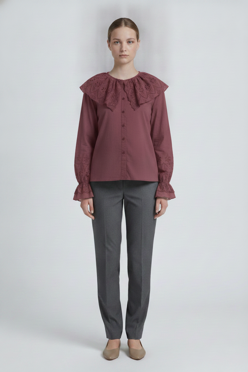 Persephone | Eyelet Bib Cape Collar Blouse — Burgundy (front)