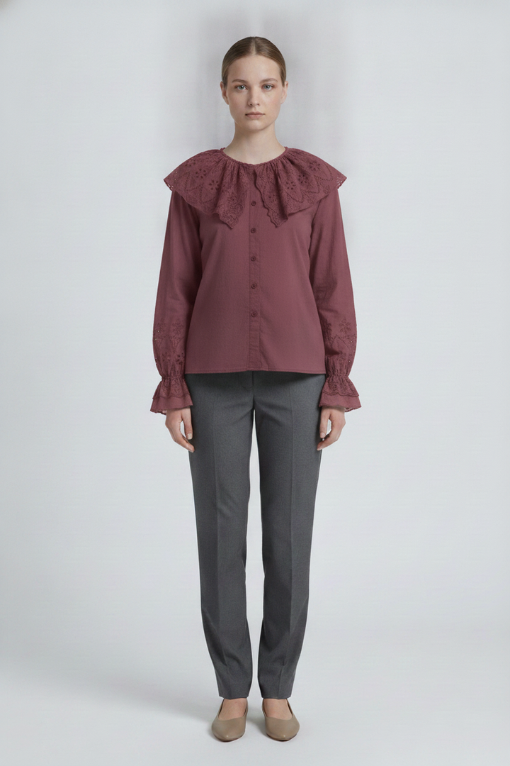 Persephone | Eyelet Bib Cape Collar Blouse — Burgundy (front)
