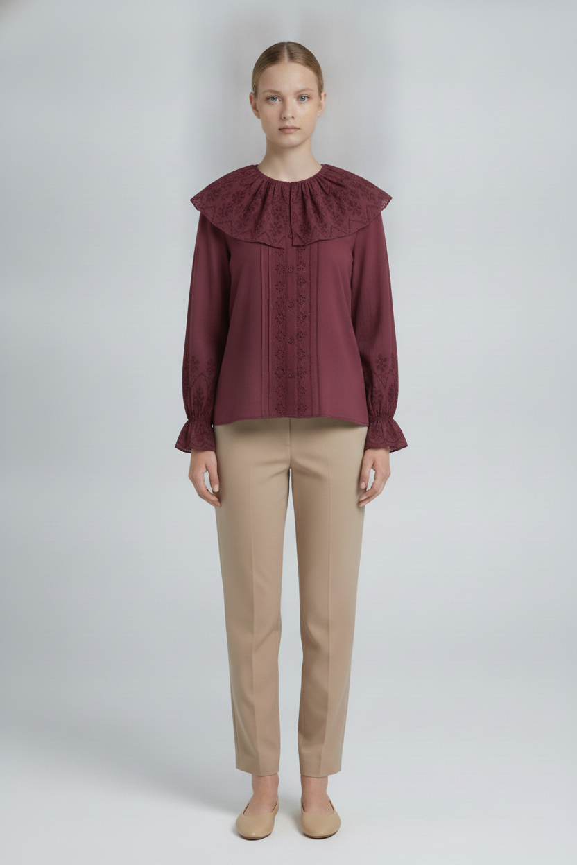 Persephone | Eyelet Bib Cape Collar Blouse — Burgundy (front)