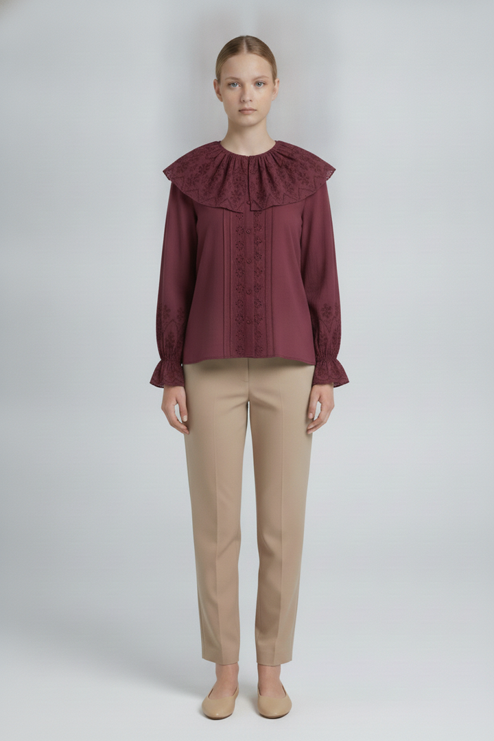 Persephone | Eyelet Bib Cape Collar Blouse — Burgundy (front)