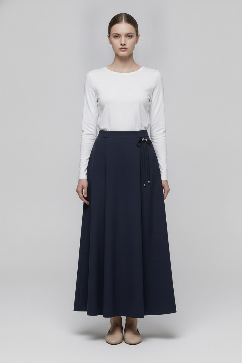 Noir | Tassel Side Maxi Skirt — Navy (front)