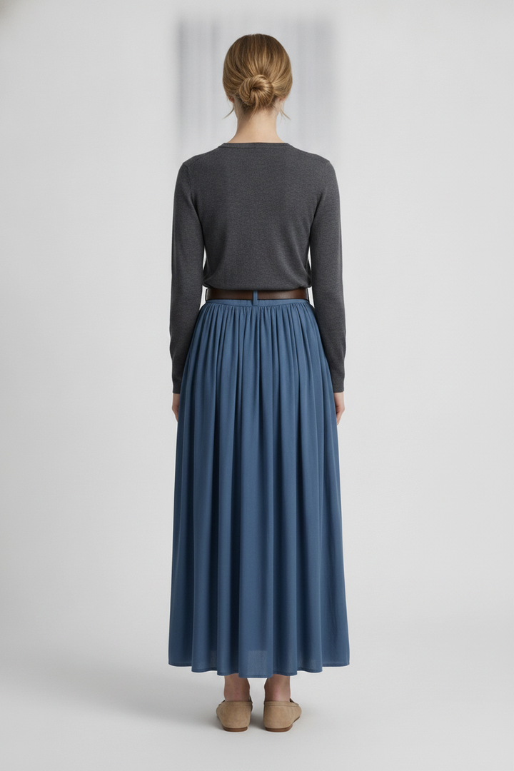 Azure | Pleated Flowy Maxi Skirt — Blue (back)