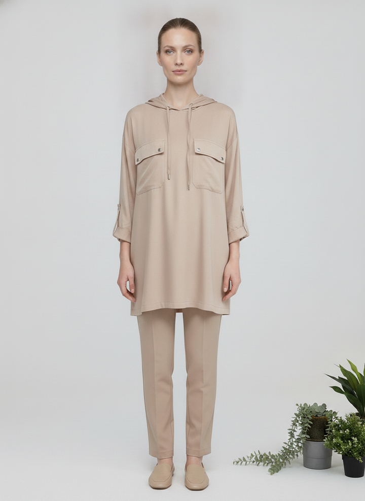Dune | Satin-Touch Hooded Zip Cape — Beige (front)