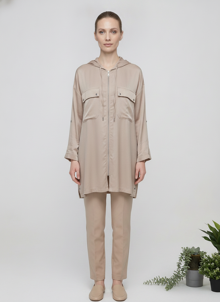 Dune | Satin-Touch Hooded Zip Cape — Beige (front)