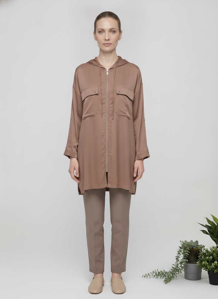 Dune | Satin-Touch Hooded Zip Cape — Mocha (front)