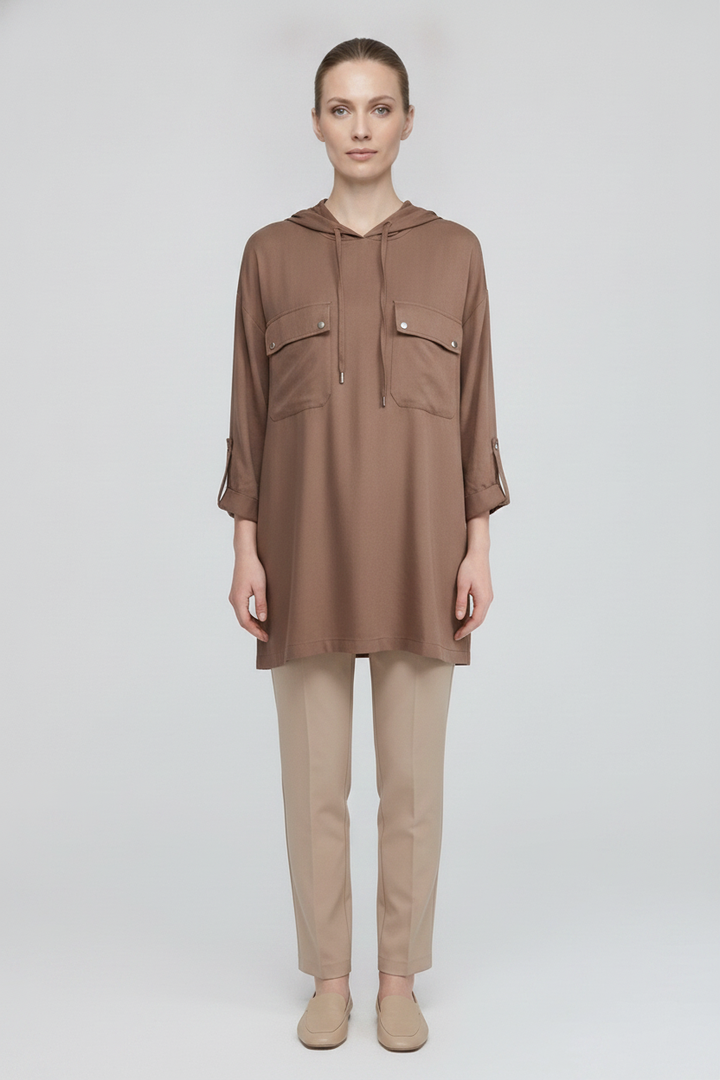 Dune | Satin-Touch Hooded Zip Cape — Mocha (front)